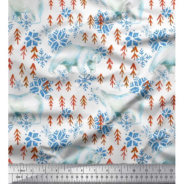 Soimoi Moss Georgette Fabric Snowflake & Polar Bear Animal Printed Fabric 1 Yard 42 Inch Wide
