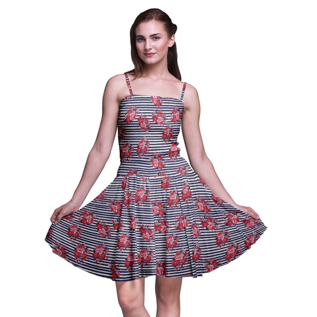 Bimba Robe Soleil Mini à Bretelles Spaghetti pour Femmes, Haut à Taille Smockée Imprimé Floral - Xxx-Grand