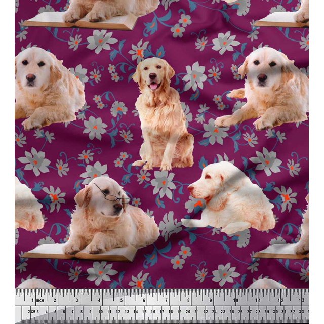 Soimoi Rayon Fabric Floral,Book & Golden Retriever Dog Print Fabric by The Yard 42 Inch Wide