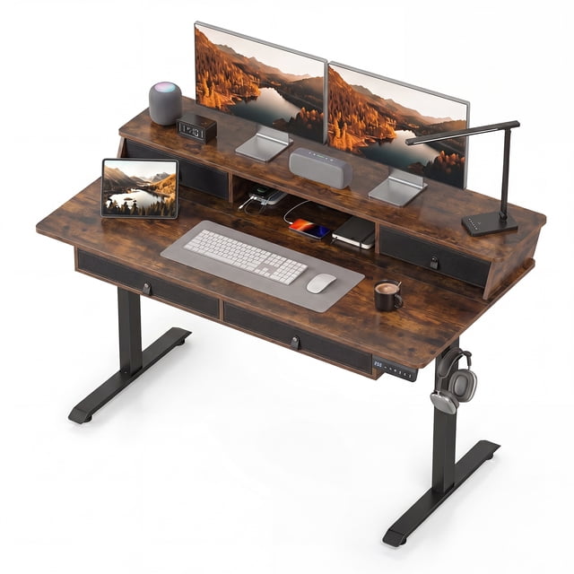 Gymax 55'' x 27'' Electric Standing Desk w/Drawers Monitor Stand Hook 3 Memory Heights Rustic Brown