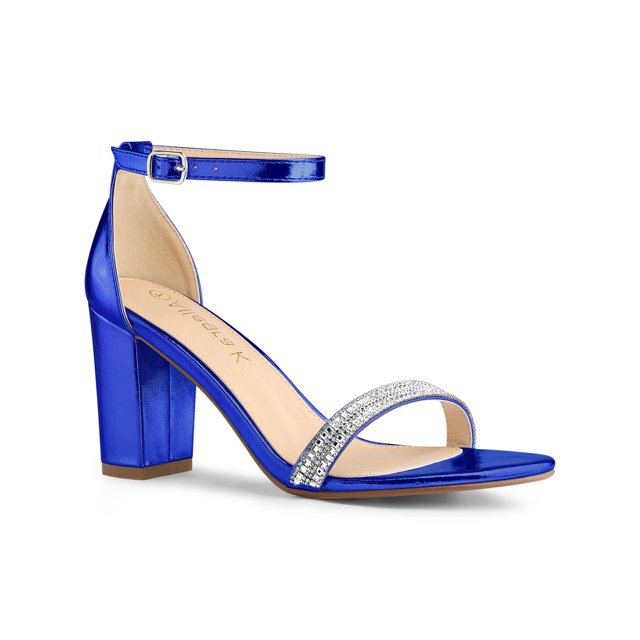 BLISSFUL STEP Women's Sandals Rhinestone Chunky Heel Ankle Strap Open Toe Party Shoes Deep Blue 8