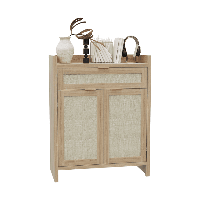 Modern Rattan Shoe Cabinet, 32" Boho Shoe Rack Organizers with Storage Drawer&Doors, Wooden Accent Console Table with Adjustable Shelf
