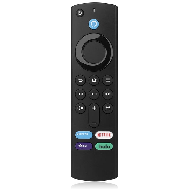 L5B83G Voice Remote Control Replacement Universal Remote Control compatible with Fire TV Stick 4K, Fire TV Stick Lite, Fire TV Cube, Fire TV Stick 2nd and 3rd Gen, and Fire TV 3rd Gen. The remote features a sleek black design with a circular navigation pad, playback controls, and dedicated buttons for Prime Video, Netflix, Disney+, and Hulu. It offers a transmission distance of up to 15m and operates with 2 AAA batteries, requiring no special setup. Ideal for controlling smart home devices and streaming content.