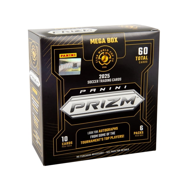 2025 Panini FIFA Prizm Soccer Trading Cards Mega Box in black and gold packaging containing 6 packs with 10 cards each, totaling 60 cards, featuring autographs from top tournament players and exclusive numbered and seismic Prizms, suitable for soccer card collectors.