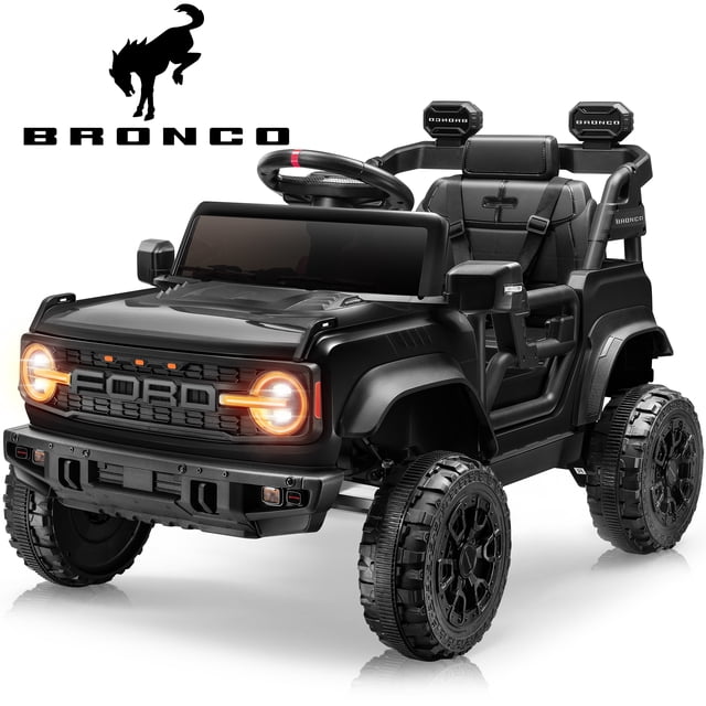 iYofe Ford Bronco Raptor Electric Ride on Toy Car for Toddler Kids in black, featuring a 12V battery-powered motor, remote control, Bluetooth connectivity, and bright headlights. Officially licensed by Ford, this ride-on car replicates the iconic Bronco Raptor design with realistic details like all-terrain wheels, a multimedia center, and reinforced seat belts for safety. Suitable for children aged 3-5, it offers a fun and interactive driving experience.