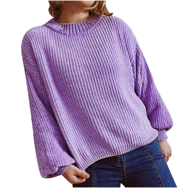 Timegard Chandails à Manches Longues pour Femmes Automne Hiver Décontractés Confortables Col Ras du Cou Manches Longues Bouffantes Hauts de Couleur Unie