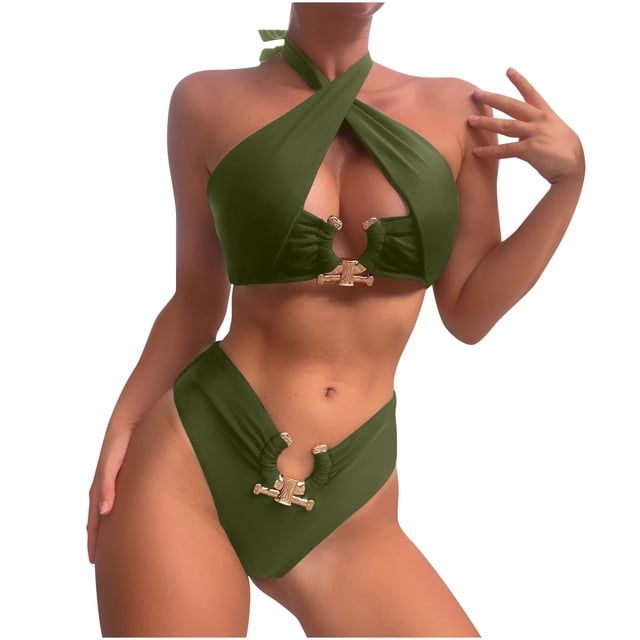EGNMCR Bikini Set Women's Split Body Halter High Waist Solid Bikinis Sets