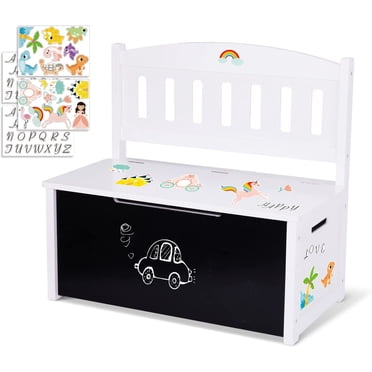 TOOKYLAND Wooden Toy Storage Box - Lift Top Chest and Seating Bench with Lid, Safety Hinge, Blackboard and Stickers, Toy Organizer for Kids 3 Year Old +