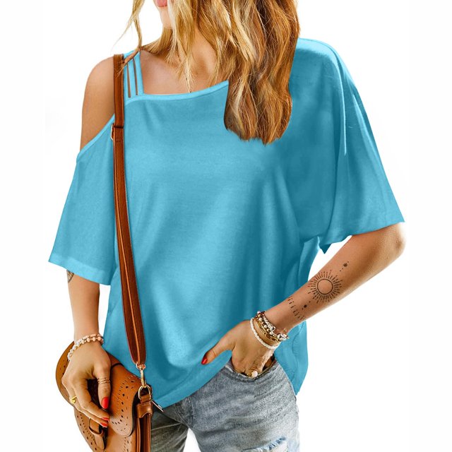 Meichang Women's Cold Shoulder Tops Short Sleeve Square Neck T Shirts Solid Color Basic Summer Tees Spaghetti Straped Casual Vacation Tees