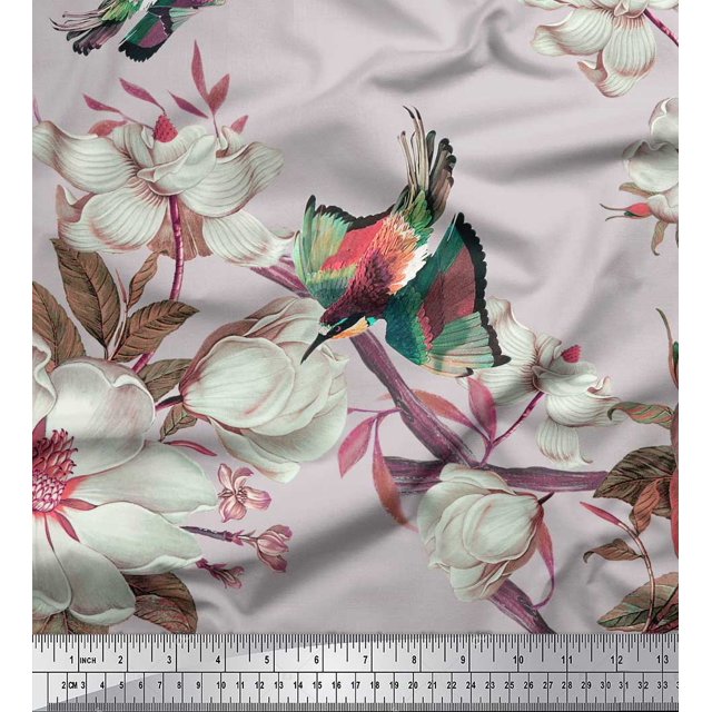 Soimoi Gray Poly Georgette Fabric Floral & Bird Print Fabric by the Yard 42 Inch Wide