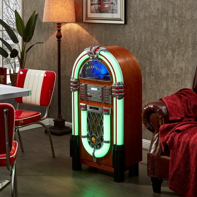 Arkrocket Taurus II Jukebox Lecteur de Disques Vinyles Bluetooth USB Lecteur SD CD Radio Rétro Plateau Tournant Classique Jukebox (Taurus II - Érable)