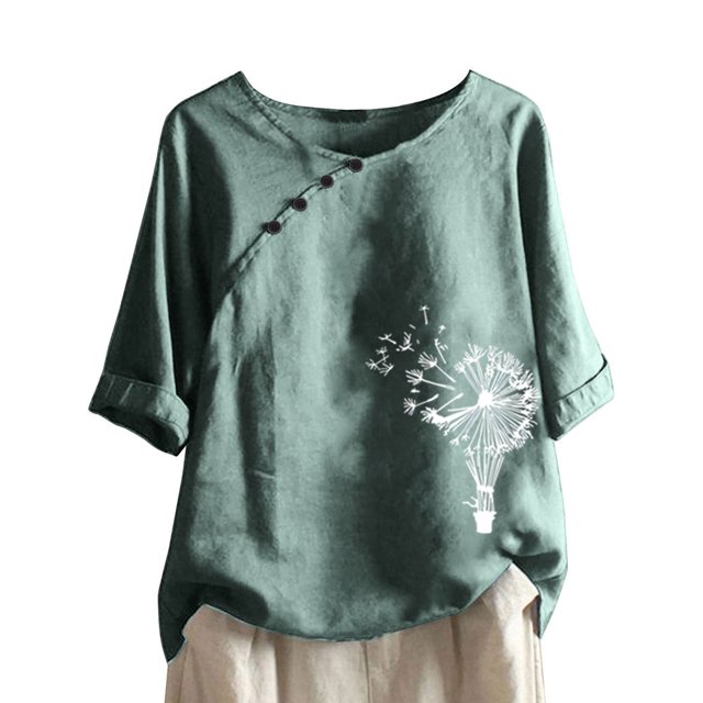CHUANK Hauts pour Femmes en Solde à Moins de 10$ Hauts Décontractés Printemps Été Manches Longues en Coton Lin Imprimé Graphique Pissenlit Col Rond Blouses Vintage Grande Taille