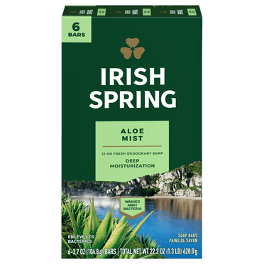 Irish Spring Aloe Mist Deodorant Bar Soap for Men, 104.8 g Bar (6 Bars)