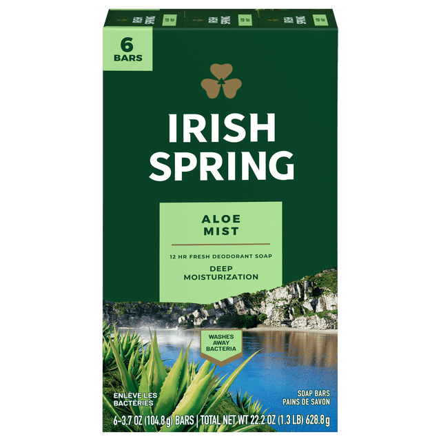 Irish Spring Aloe Mist Deodorant Bar Soap for Men 6 bars box in deep green with shamrock logo, featuring 12-hour deodorant protection and deep moisturization, with aloe plant and river cliff imagery highlighting natural freshness and antibacterial cleansing.