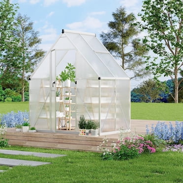 YUSAZENS 6 x 4ft Walk-in Greenhouse Heavy-Duty Aluminum Frame Polycarbonate Panels Quick Setup Roof Vent Large Outdoor Greenhouse Kit for Garden Backyard Clear