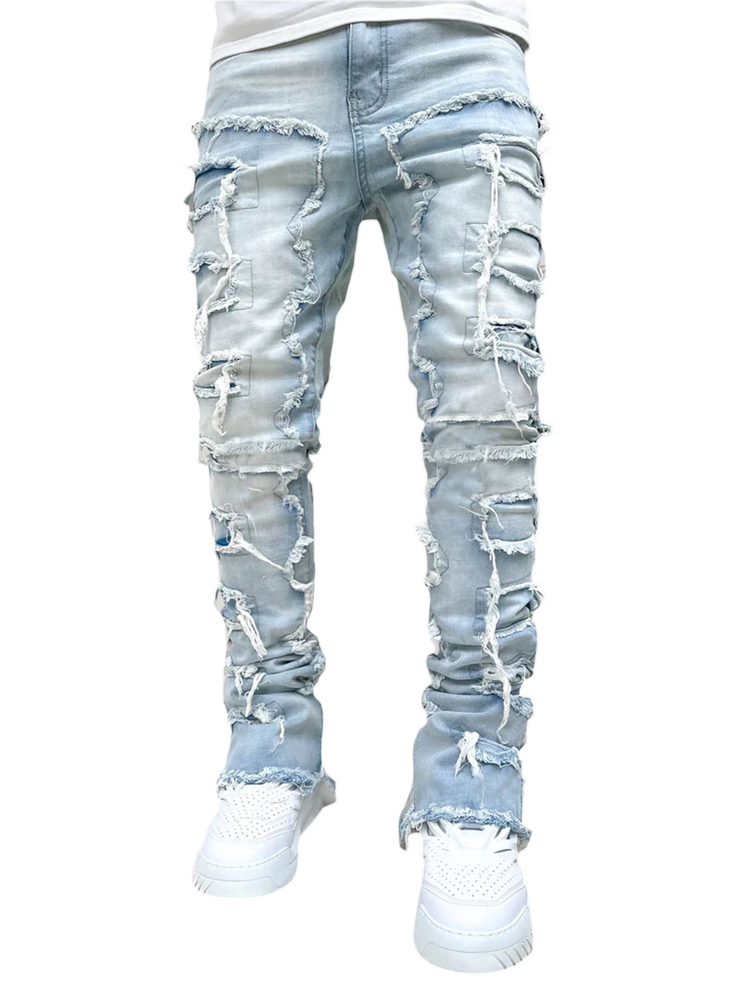 Fortune Men's Straight Leg Jeans Stacked Denim Jeans Ripped Distressed Destroyed Biker Jean Washed Denim Pants Streetwear Clothes