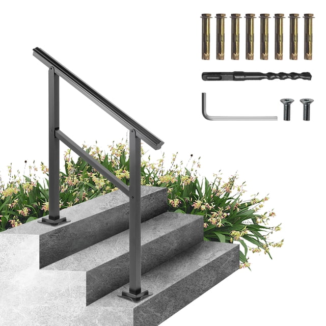 KFFKFF Outdoor Handrail for 2-3 steps, crafted from black aluminum with a 165 lbs load capacity. Features an adjustable angle range of 0-30° for transitional staircase use. Includes a screw kit for quick installation. Ideal for outdoor stairs in gardens, porches, residential buildings, and hotels.