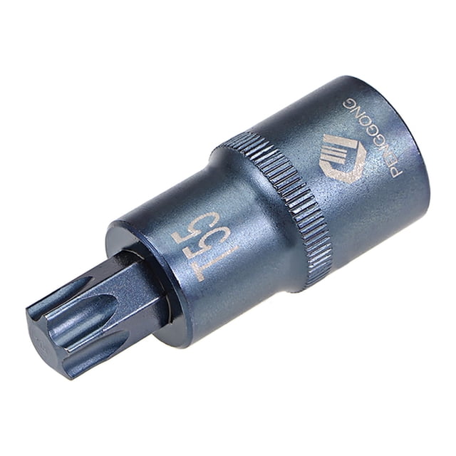 Unique Bargains 1/2-Inch Drive x T55 Torx Bit Socket with a 2-inch total length, made from heat-treated S2 alloy steel and Chrome Vanadium Steel for durability and high torque power. Features a blue plated finish for rust and corrosion resistance, chamfered edges for smooth fit, and compatibility with hand tools like breaker bars and ratchet handles. Ideal for use on cylinder head bolts, retaining bolts, and disc brake calipers.
