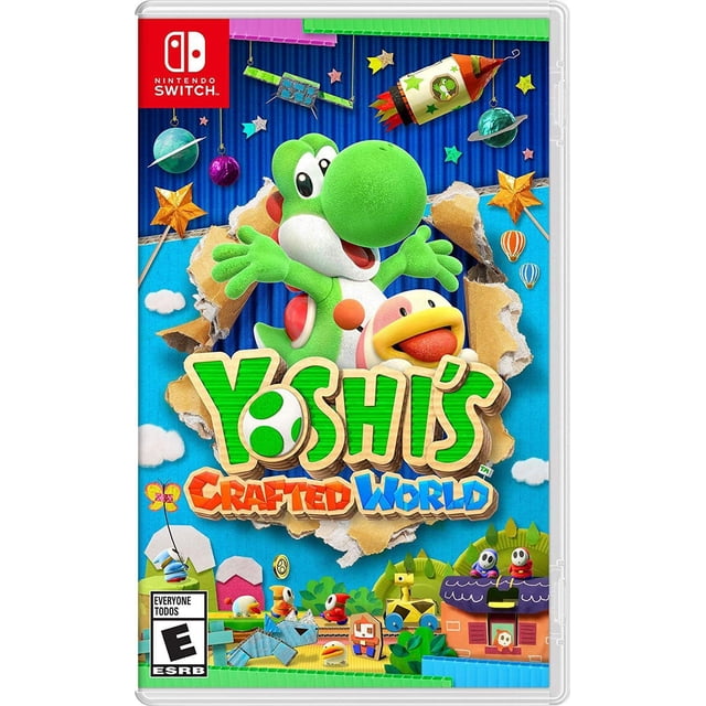 Yoshi's Crafted World Nintendo Switch Couverture de Jeu Mettant en Vedette une Grande Peluche Verte Yoshi Traversant un Carton Déchiré avec un Arrière-Plan de Monde Coloré Artisanal Incluant des Étoiles, des Planètes, une Fusée et de Petits Personnages Artisanaux, Mettant en Valeur les Scènes 3D de Profondeur du Plateforme et un design Ludique.
