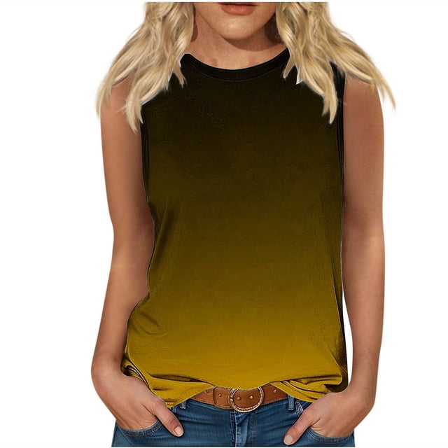 Plebaso Débardeurs 2025 pour Femmes Sans Manches à Col Rond T-Shirts Décontractés à Imprimé Dégradé Blouses d'Été T-Shirts
