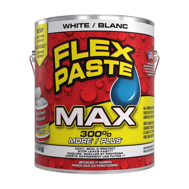 Flex Pâte MAX - Pâte Caoutchoutée Imperméable Tout Usage dans un Contenant de 12 lb (2,72 kg) Le Produit Est Conçu pour les Réparations Intérieures et Extérieures, Y Compris les Interstices d'Étanchéité, les Fissures et les Trous sur Diverses surfaces comme les Toitures, les Fondations et les Cloisons Sèches. la Pâte Blanche Peut Être Peinte, Résistante aux UV et Peut Être Appliquée sur des surfaces Sèches Ou Humides, Même sous l'Eau. le Contenant Présente une Image de Marque Audacieuse avec le Texte « Flex Pâte MAX »