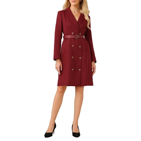 INSPIRE CHIC Women's Tweed Dress Double Breasted Long Sleeve Blazer Dress with Belt S Red