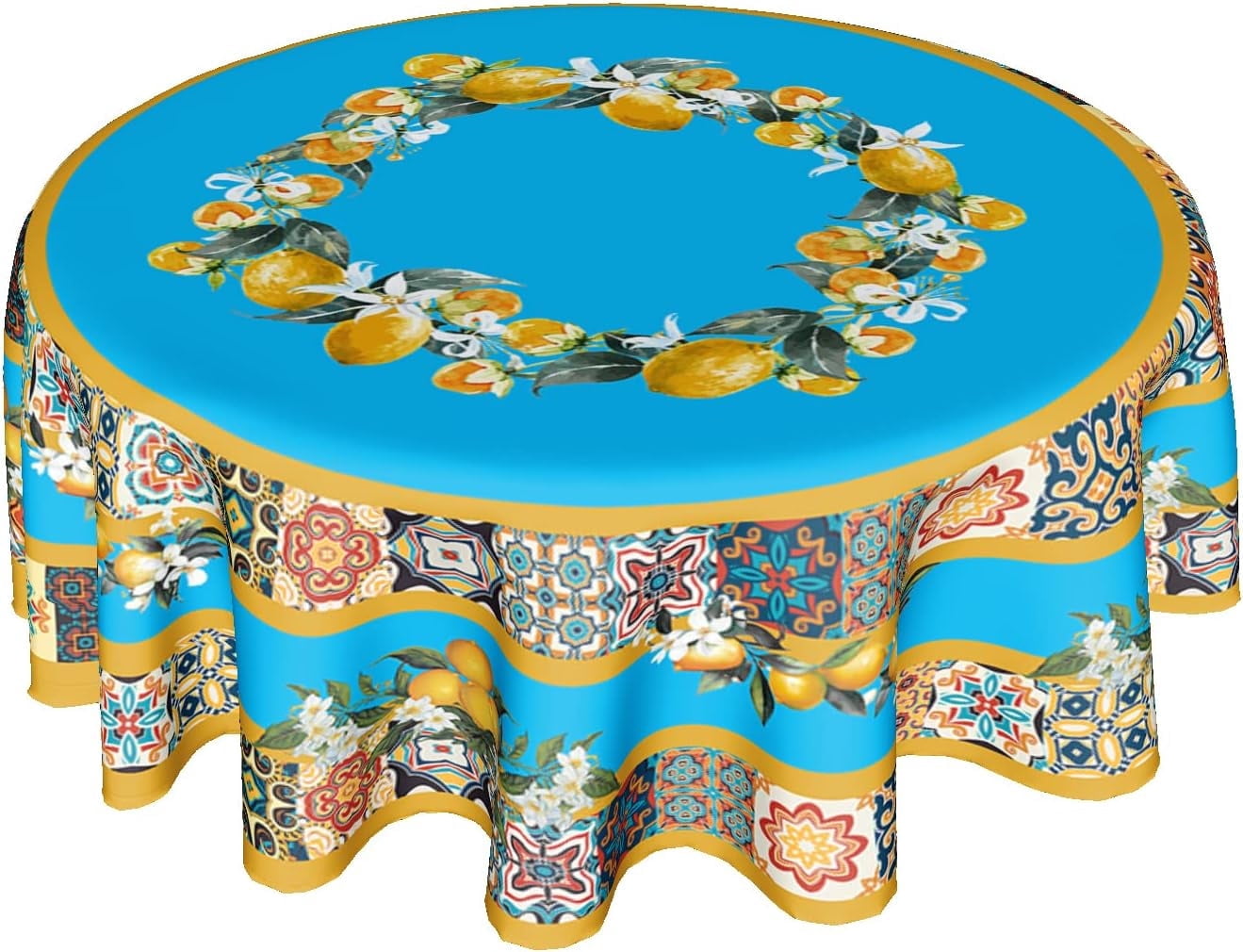 Blue Lemon Tablecloth Round 60 Inch Spring Summer Flower Table Cloth Wrinkle Resistant Boho Floral Farmhouse Table Cover Decorative for Home Kitchen Dining Indoor Ondoor Party Picnic