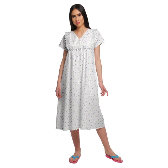 Moomaya Robe de Nuit à Manches Courtes Imprimée pour Femme, Col en V, en Coton