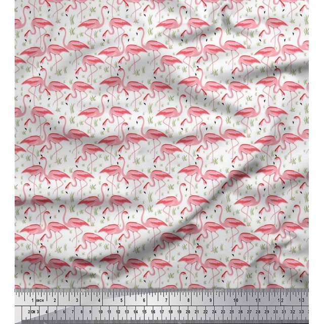 Soimoi Rayon Fabric Grass & Flamingo Bird Print Fabric by Yard 42 Inch Wide