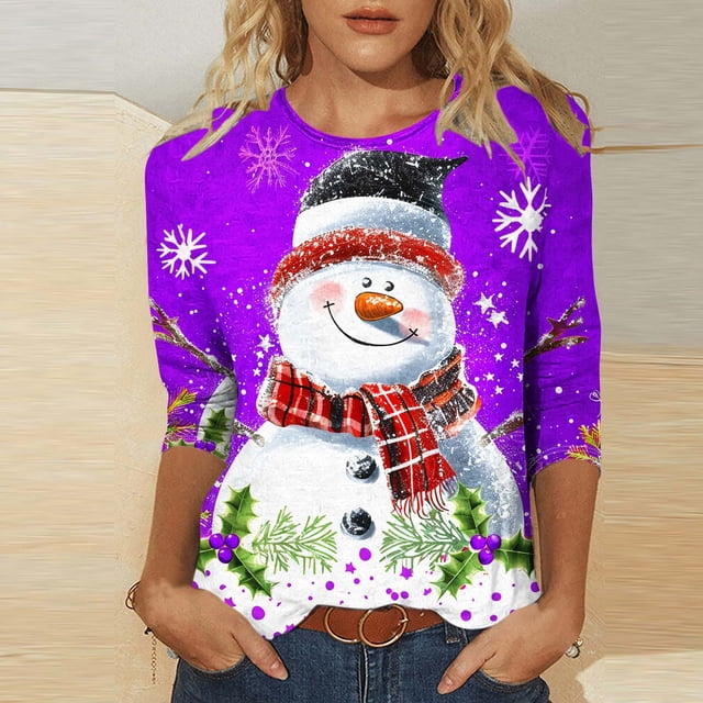 Jienlioq Hauts Grande Taille pour Femmes Mode T-Shirt Décontracté de Noël pour Femmes à Imprimé Col Rond Manches 3/4 Haut Blouse Rabais