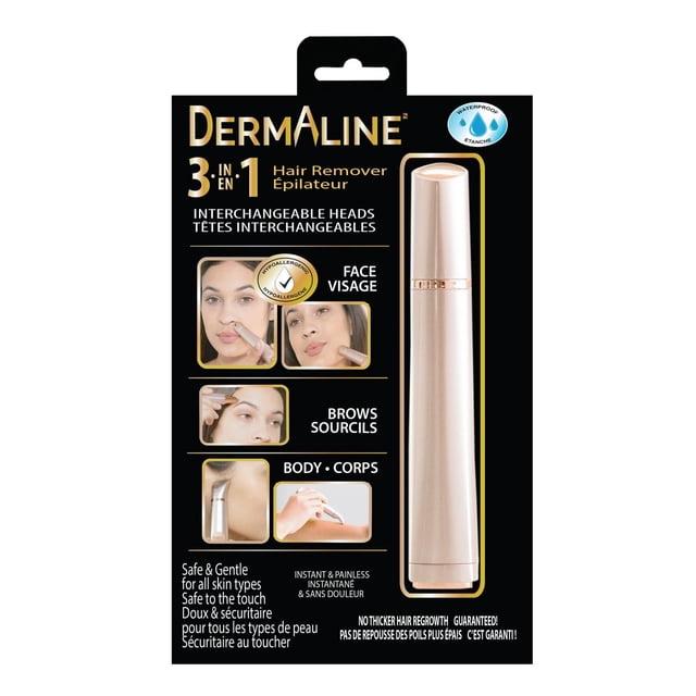 DermaLine Épilateur 3 en 1 avec Têtes Interchangeables pour le Visage, les Sourcils et le Corps, Doté d'Une Tondeuse Imperméable Or rose sur Emballage Noir, Sécuritaire pour Tous les types de Peau, Offrant une Épilation Instantanée et Indolore Sans Repousse Plus Épaisse Garantie.