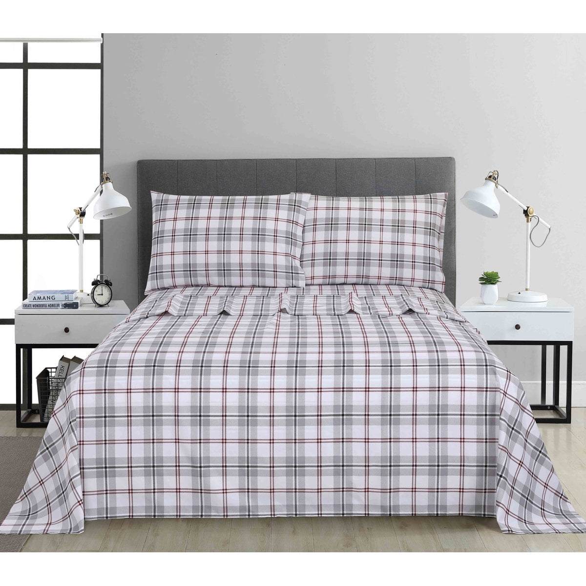Ensemble de draps imprimés 4 pièces Swift Home, carreaux gris, format double