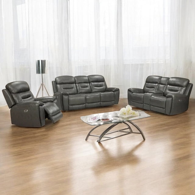 Cosmic Homes Sublime Ensemble de 3 Pcs de Fauteuils Inclinables Manuels en Cuir d'Air Charbon, Incluant un sofa Inclinable avec Plateau Rabattable, un Causeuse avec console Centrale et Porte-Gobelets, et un Fauteuil Inclinable. Chaque Pièce Présente un Mécanisme d'Inclinaison Manuel et un Coussinage en Mousse Haute Densité. Ensemble Exposé dans un Salon Moderne avec Plancher de Bois et Voilages.