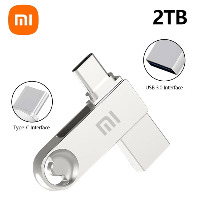Xiaomi 2TB USB 3.0 Pen Drive with a sleek metal design, featuring dual interfaces: USB 3.0 and Type-C for high-speed data transfer. Compact and portable, suitable for laptops, desktops, and compatible with various devices including Nintendo consoles. Ideal for storing large files and multimedia.
