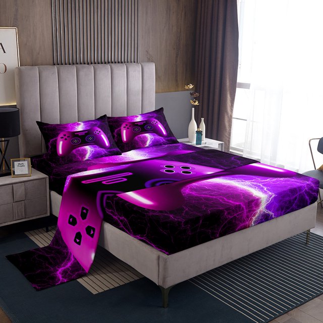 Boys Gaming Bed Sheets Set King Size Video Game Bedding Set for Boys Girls Kids,Gamer Console Sheets Purple Pink Lightning Fitted Sheet Set Bedroom Decor with 2 Pillowcases