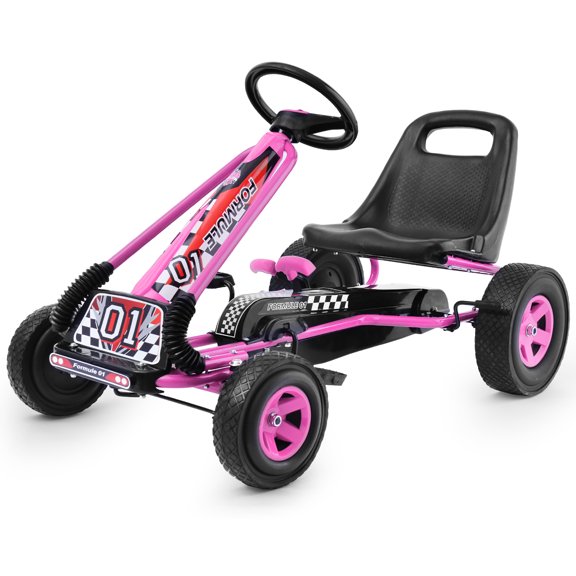 Costway Kart à Pédales 4 Roues Jouet à Chevaucher pour Enfants avec Siège Ajustable Rose