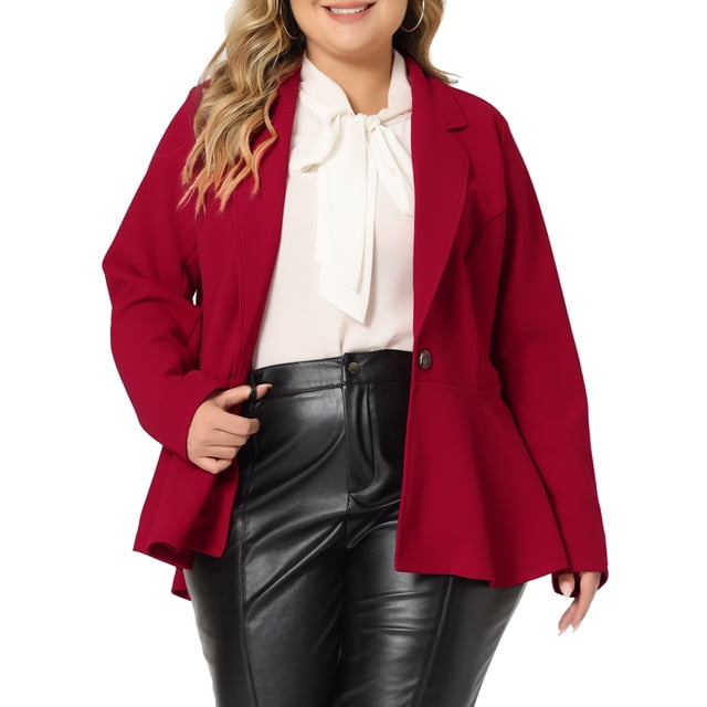 Agnes Orinda Women's Plus Size Blazer Button Notch Panel Ruffle Peplum Blazers 1X Red