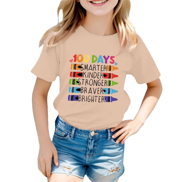 LUOGENLI T-Shirt pour Filles Enfants Mode Décontractée Imprimé Col Rond Manches Courtes T-Shirt Haut Chemises pour Filles Tendance Été Plus Kaki 12-13 Ans