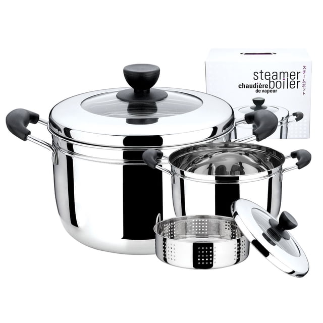 EMF Stainless Steel Steamer / Boiler set with a 28cm diameter polished stainless steel pot featuring black heat-resistant handles and a clear tempered glass lid with a black knob, a smaller pot, and a perforated steamer basket insert for quick, even heating and efficient steaming, dishwasher safe and suitable for versatile kitchen cooking.