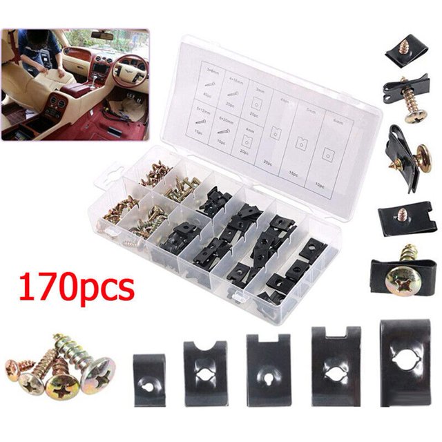 170Pc Universal U Clip Nut Screw Kit Car Vehicle Bumper Dash Door Panel Interior