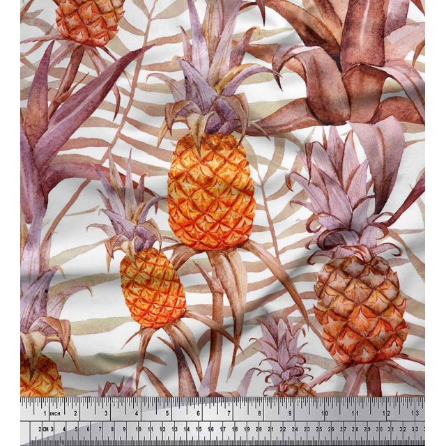 Soimoi Poly Georgette Fabric Leaves & Pine Fruits Decor Fabric Printed Yard 52 Inch Wide