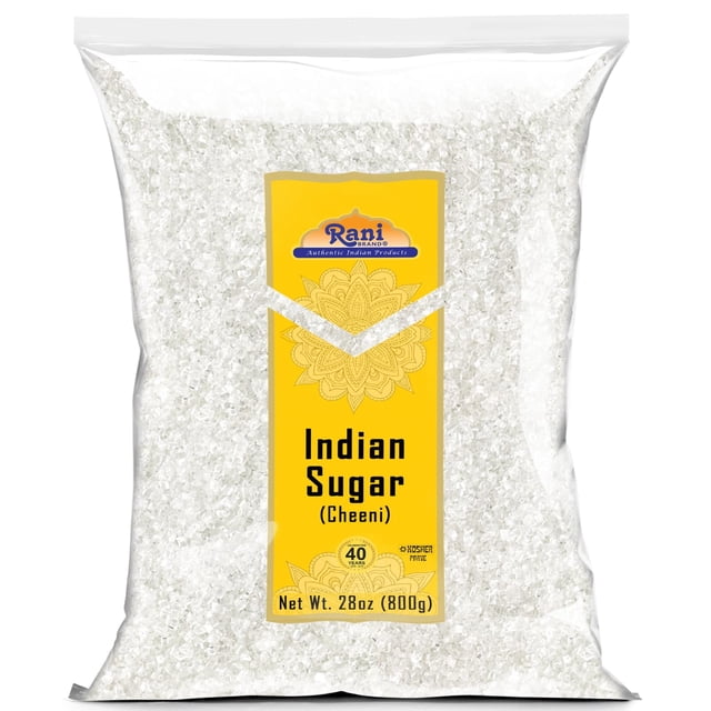 Rani Indian Sugar (Cheeni) 28oz (800g) in a clear resealable bag with a vibrant yellow label featuring the Rani Brand logo and decorative mandala design. The sugar crystals are visible through the packaging, emphasizing its natural and premium quality. Kosher, vegan, gluten-friendly, and non-GMO, this authentic product of India is ideal for sweetening tea, enhancing dishes, and as a versatile baking ingredient without a bitter aftertaste.