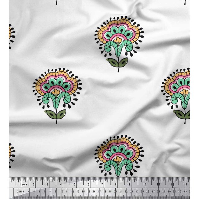 Soimoi Poly Georgette Fabric Leaves & Floral Block Print Fabric by The Yard 52 Inch Wide