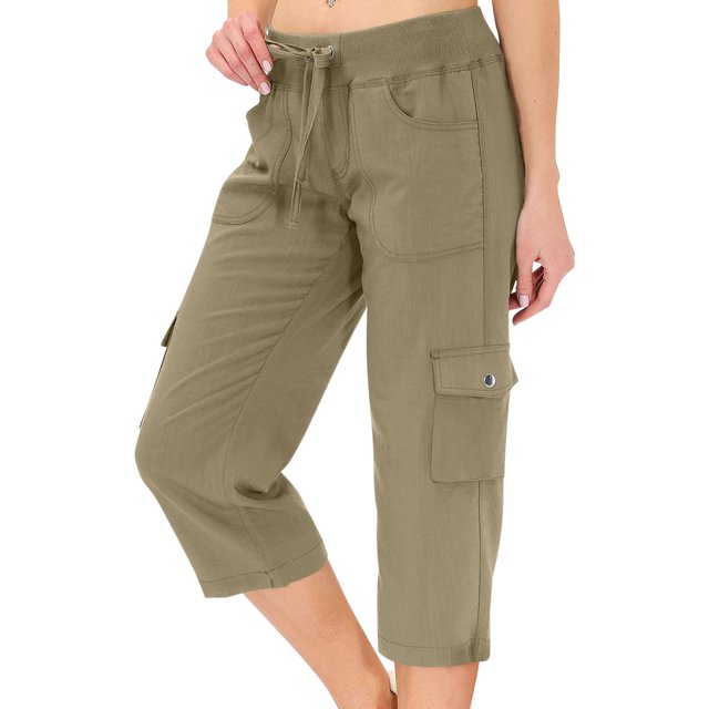 Mohiass Pantalon Capri Cargo pour Femme Randonnée Léger Séchage Rapide Été Extérieur Décontracté Voyage avec Poches Vert Armée TG
