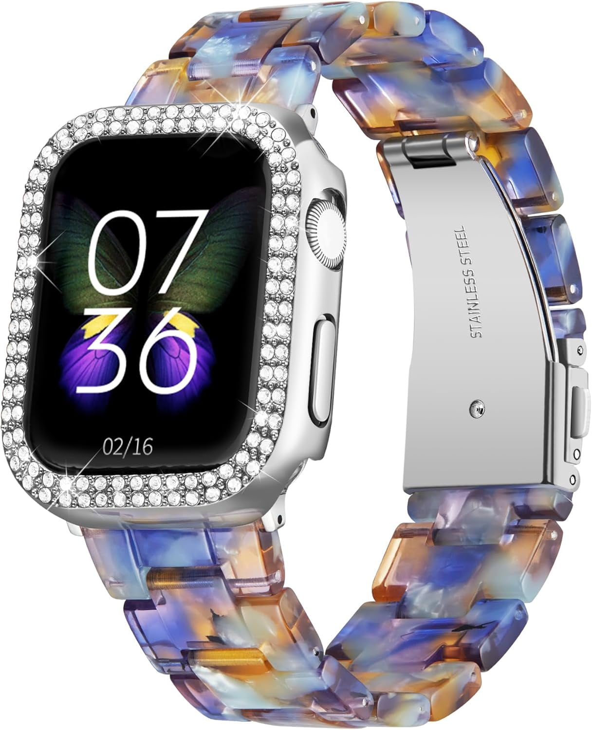 XIHAMA Resin Watch Bands for Apple Watch Band 40mm 41mm 44mm 45mm iWatch Watch Strap with Glitter Bling Protective Case Cover Wristband for Apple Watch Series 8 7 SE SE2 6 5 4