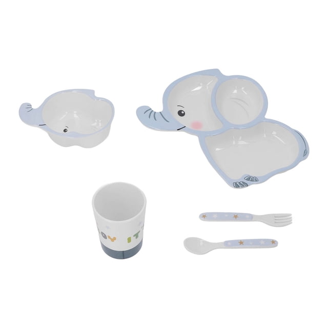 Kids Plate Set Melamine Cartoon Elephant Shape Machine Washable Baby Feeding Divided Plate with Fork Spoon Bowl Cup