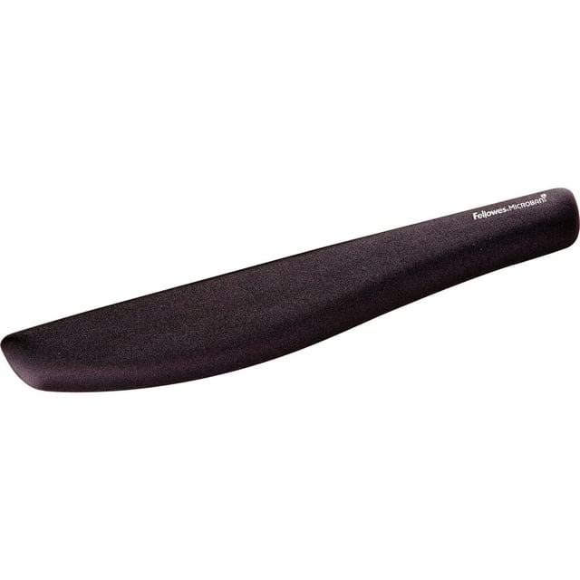 PlushTouch™ Wrist Rest with FoamFusion™ Technology in black, featuring an ergonomic tapered design with soft breathable material, Microban antimicrobial protection, and non-skid backing to relieve wrist pressure during computer use, also suitable for extended keyboard support.
