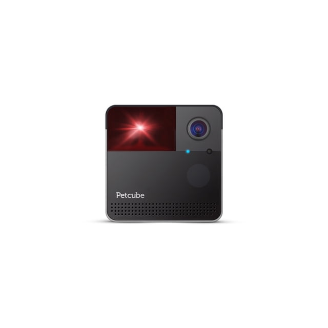 Petcube Play 2 Wi-Fi Pet Camera with Laser Toy for Cats & Dogs, front-facing black square device with a camera lens at the top right, red laser light on the top left, blue indicator light below the lens, and speaker grille along the bottom, suitable for interactive pet monitoring and remote play.