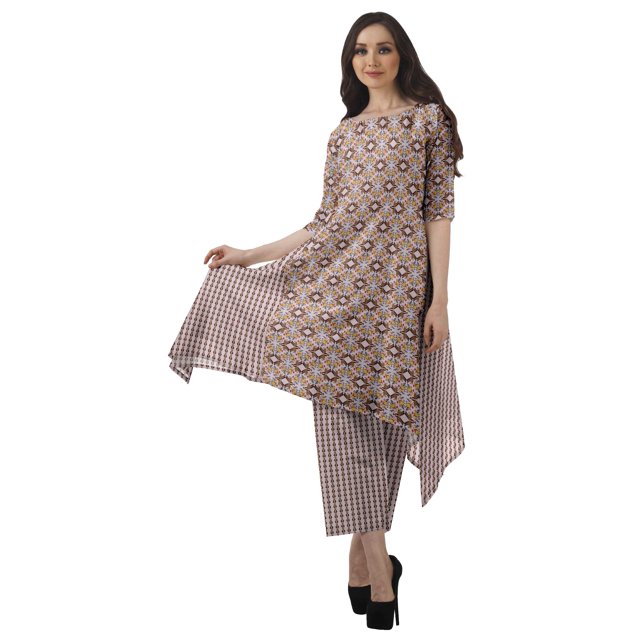 Moomaya Ensemble Kurti Kurta Pantalon pour Femmes Col Bateau Imprimé Robe 2 Pcs Tenue Ethnique