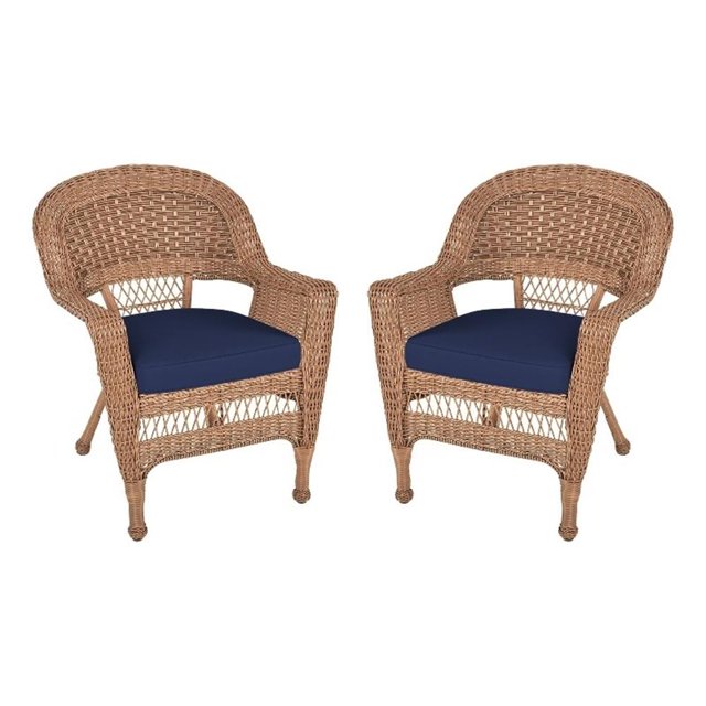 Jeco Chaise en Osier avec Coussin Bleu - Ensemble de 2, Miel